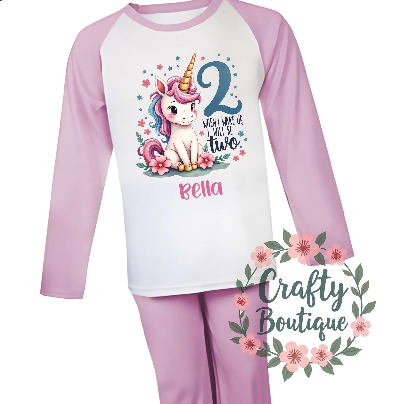 2nd Birthday PJs, When I Wake Up I will be 2 Pajamas, Girl&#39;s Second Birthday, Unicorn Gift, Personalised Pink Nightwear Age Two Year   1287