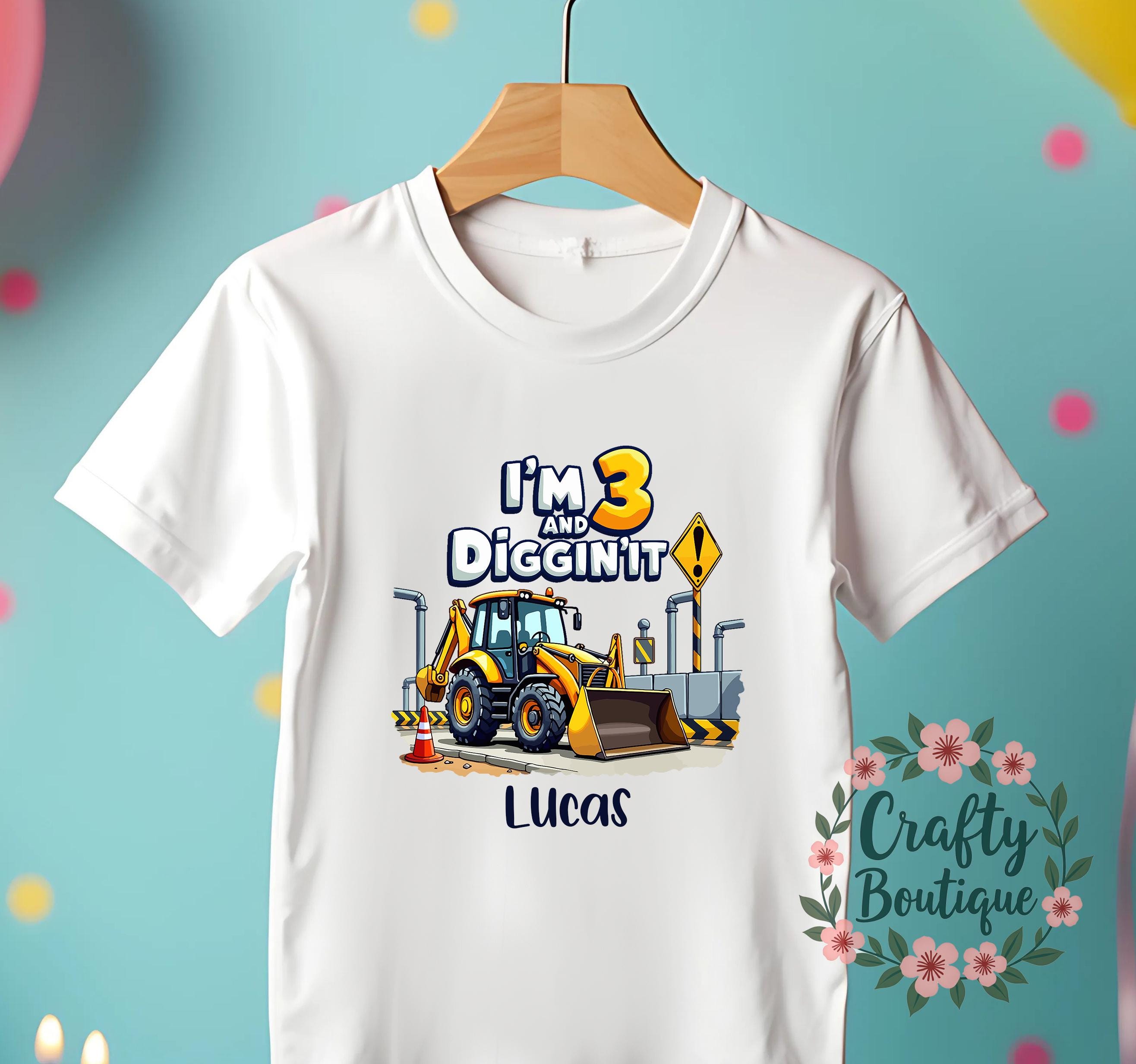 3rd Birthday t shirt, I&#39;m 3 And Digging It, Personalised Birthday Gift, 3 Year Old Digger Tee, Boys Party T Shirt, I am Three Outfit   1336