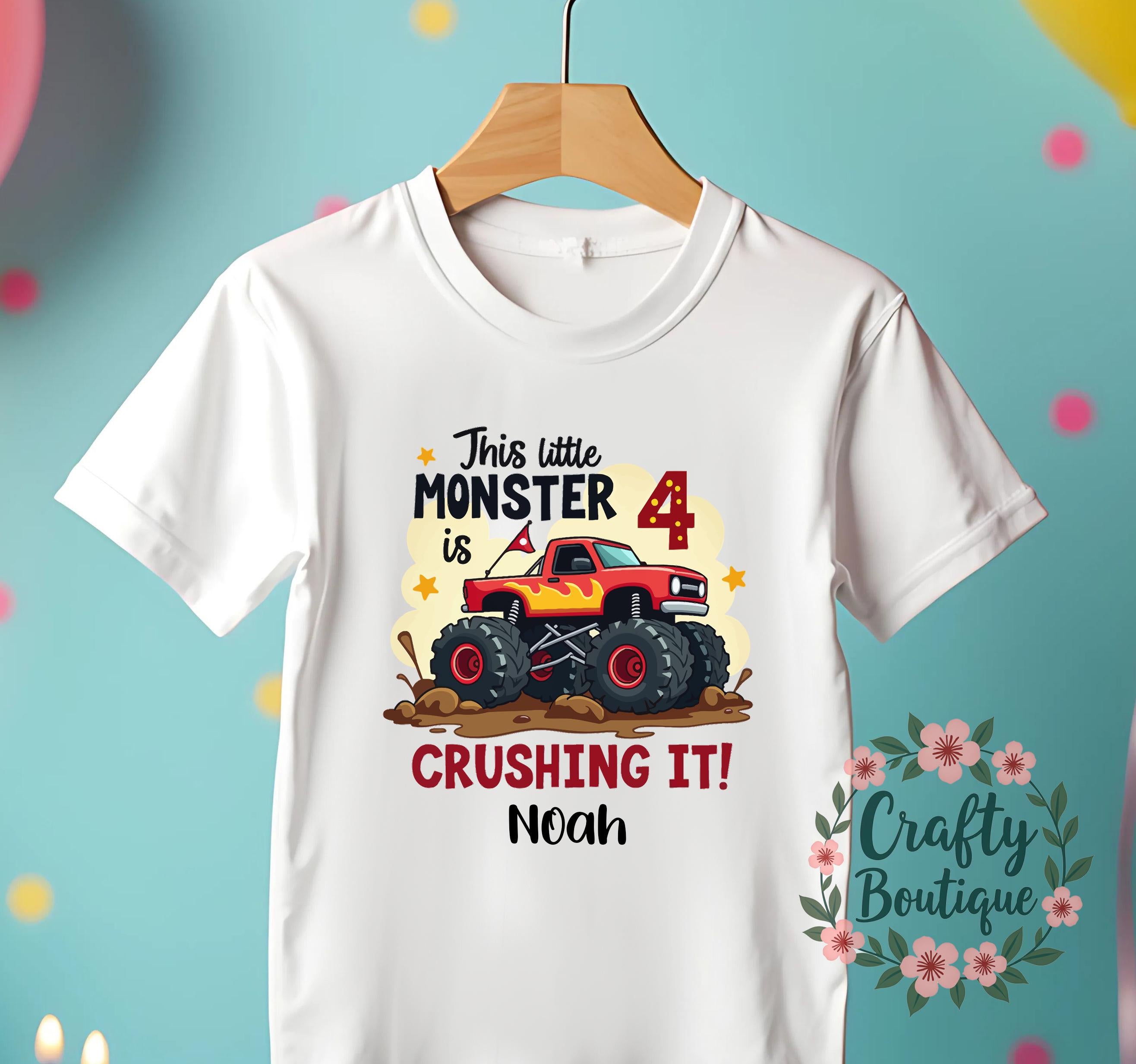 4th Birthday T Shirt, This Little Monster Is 4, Monster Truck Birthday Tshirt, Personalised Birthday Gift, Boys Monster Party T Shirt   1340