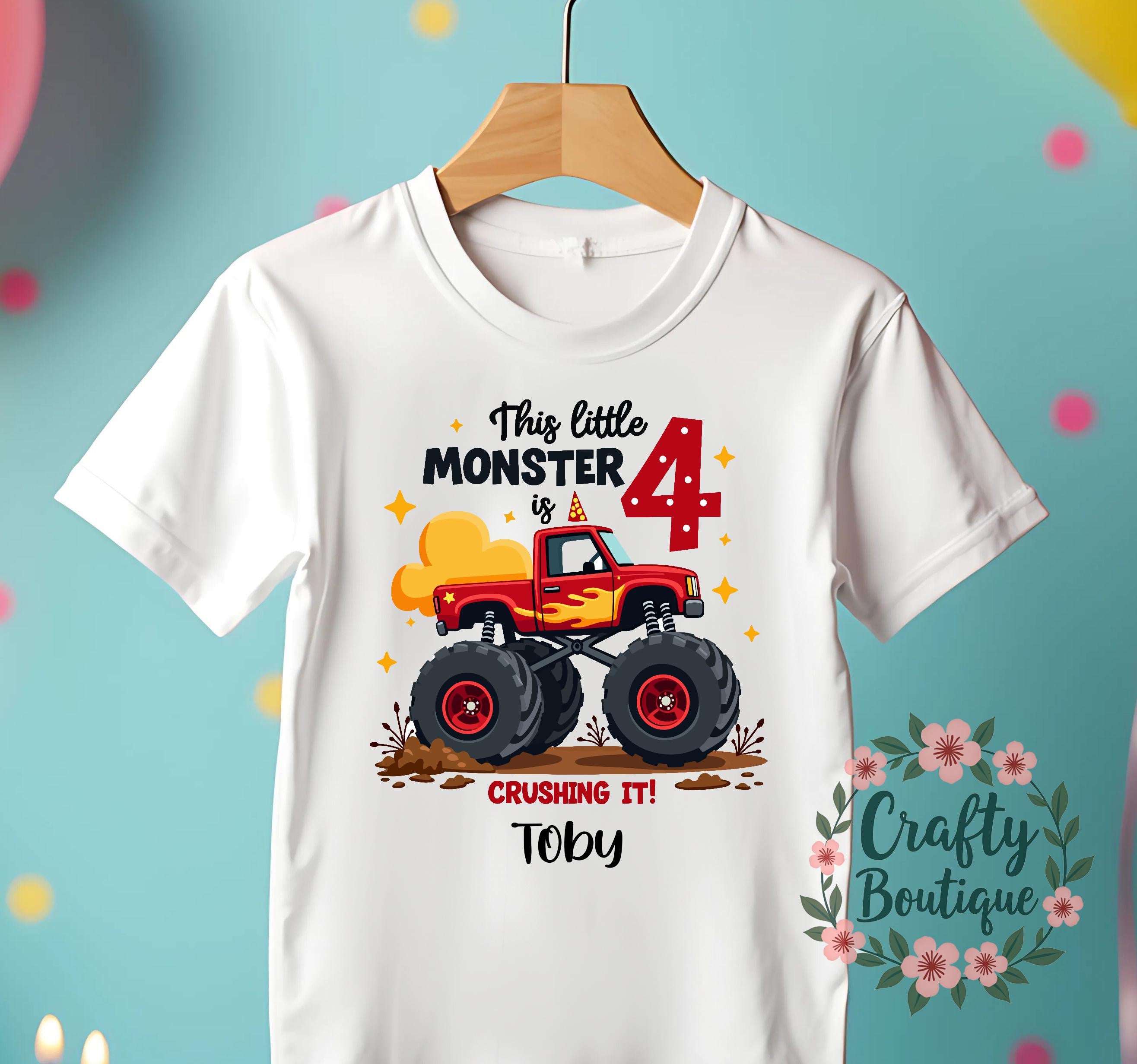 4th Birthday T Shirt, This Little Monster Is 4, Monster Truck Birthday Tshirt, Personalised Birthday Gift, Boys Monster Party T Shirt   1341