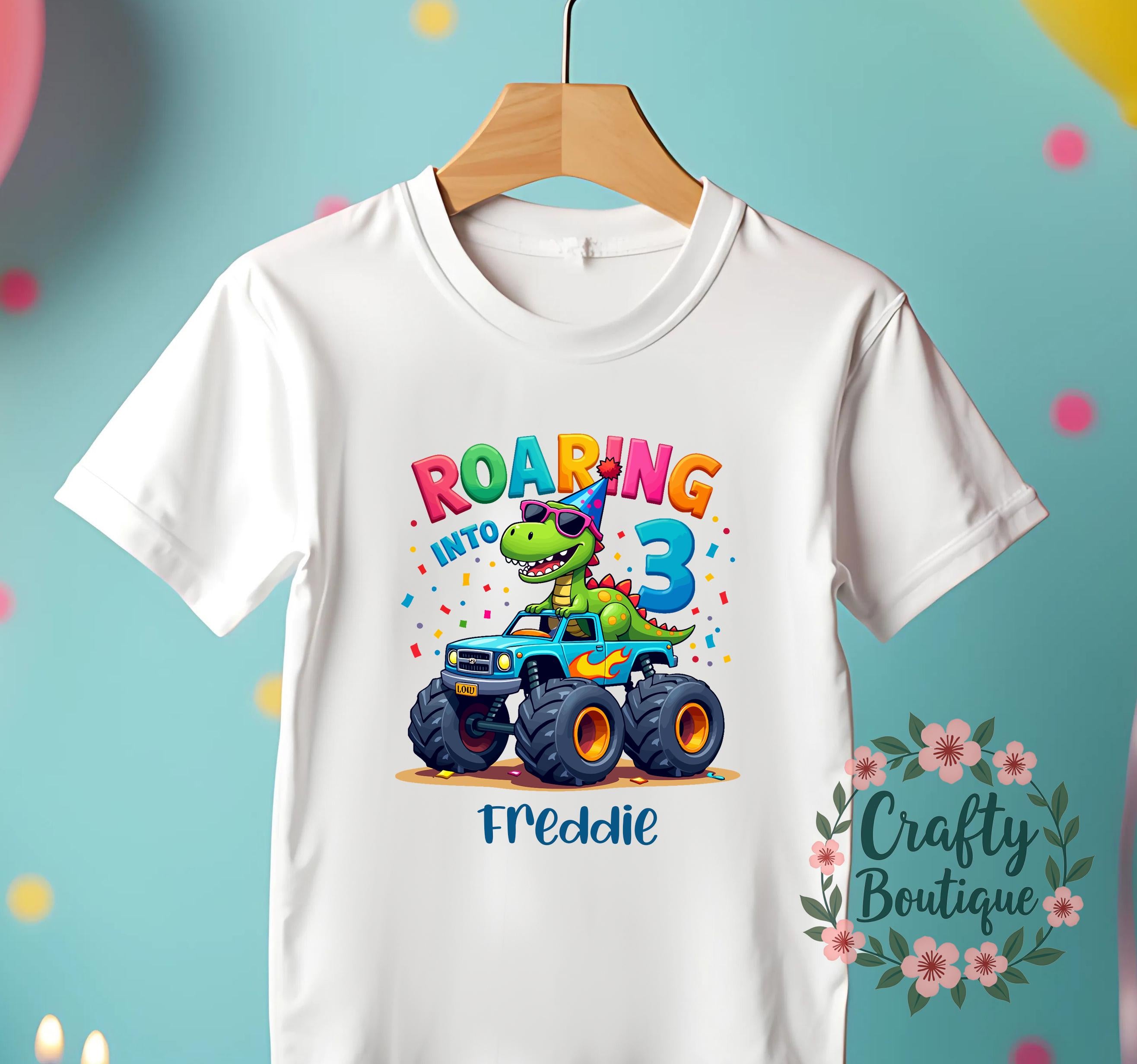 3rd Birthday t shirt, Roaring Into 3, Personalised Birthday Gift, 3 Year Old Dinosaur Tee, Boys Party T Shirt, I am Three Outfit   1344