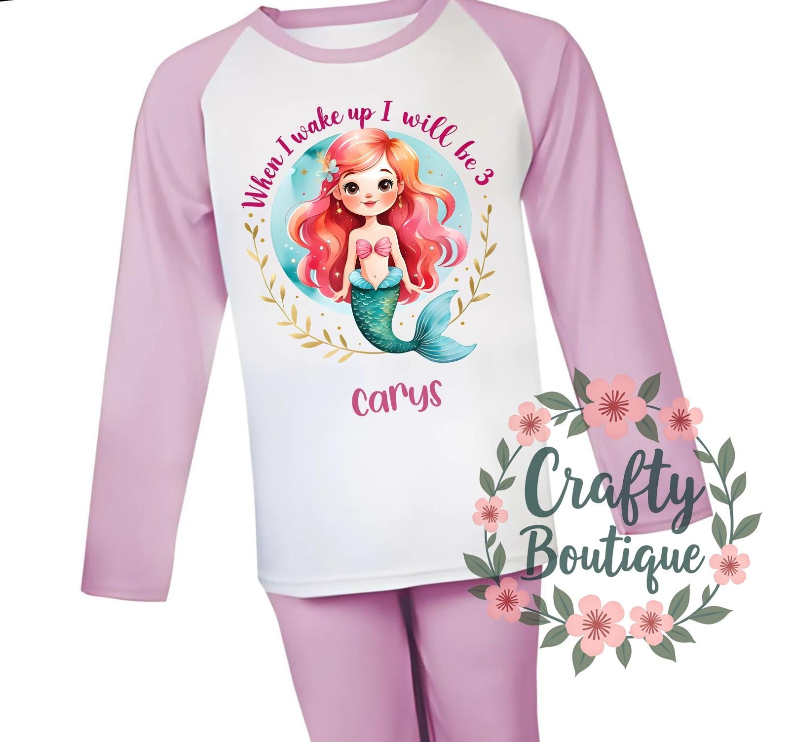 3rd Birthday Mermaid PJs, When I Wake Up I Will Be 3, Mermaid Theme Pajamas, I am Three Shirt Gift, Girl Pink Milestone Pyjamas Age 3   1435