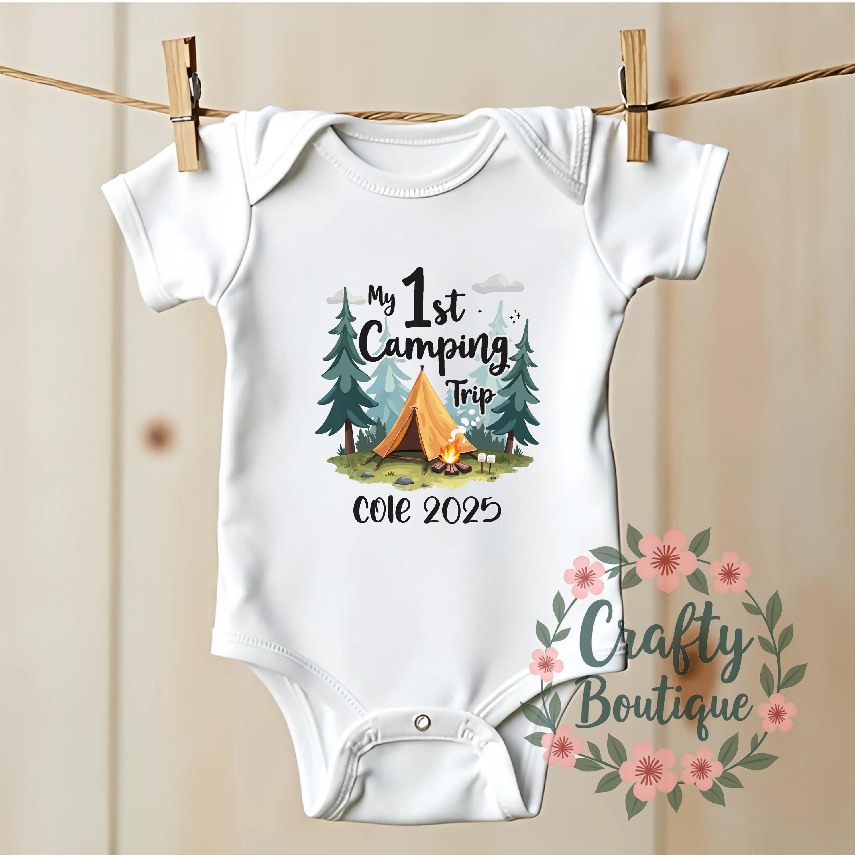 1st Camping Trip 2025, First Holiday Baby Vest, Baby Camping Outfit, Summer Outfit, Funny Baby Grow, Little Camper Gift, Kids Tshirt   1324
