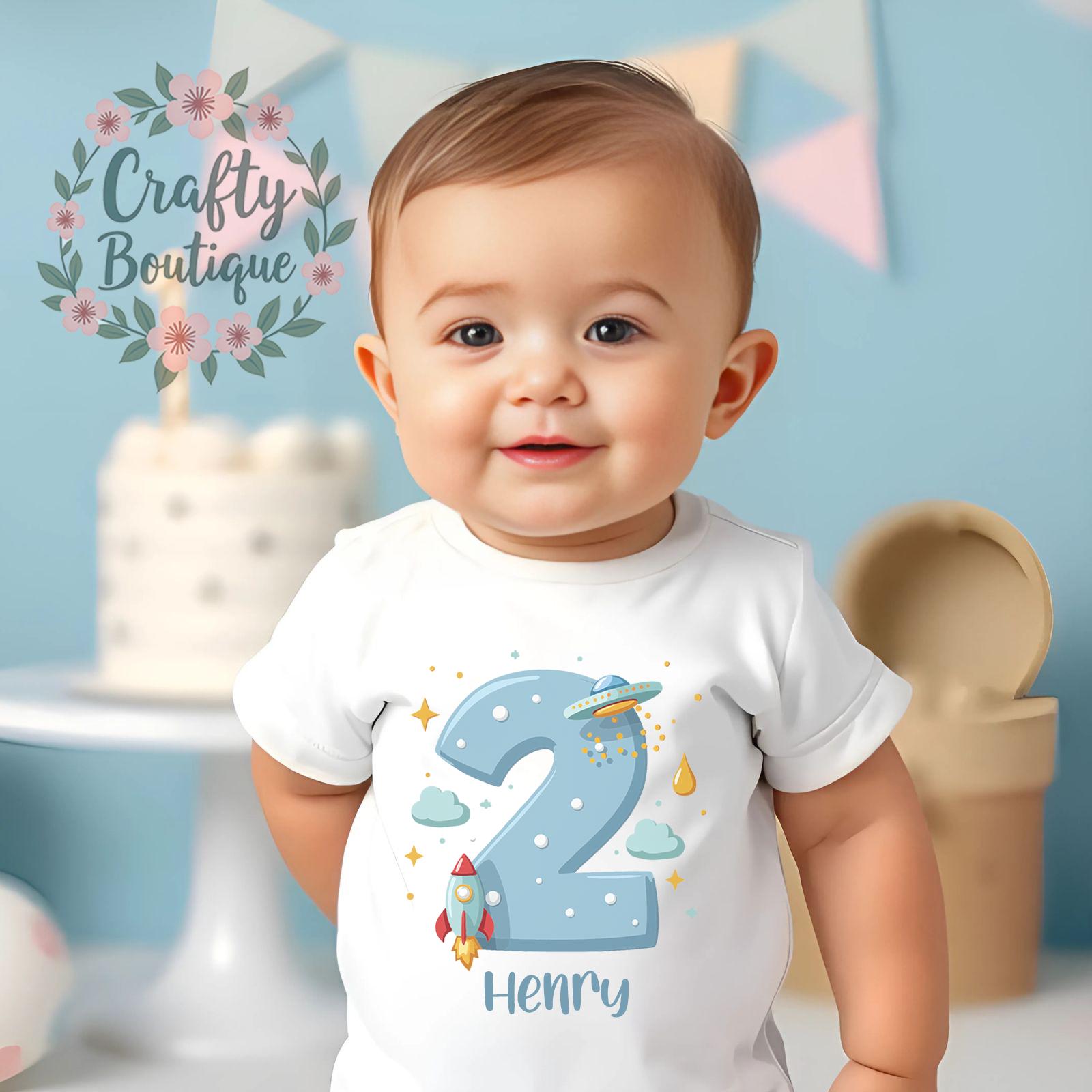 2nd Birthday Tshirt, I am 2 T Shirt, Second Birthday Pyjamas, Age Two Birthday Gift, Cute Personalised Outfit, Space Rocket Tee   1052