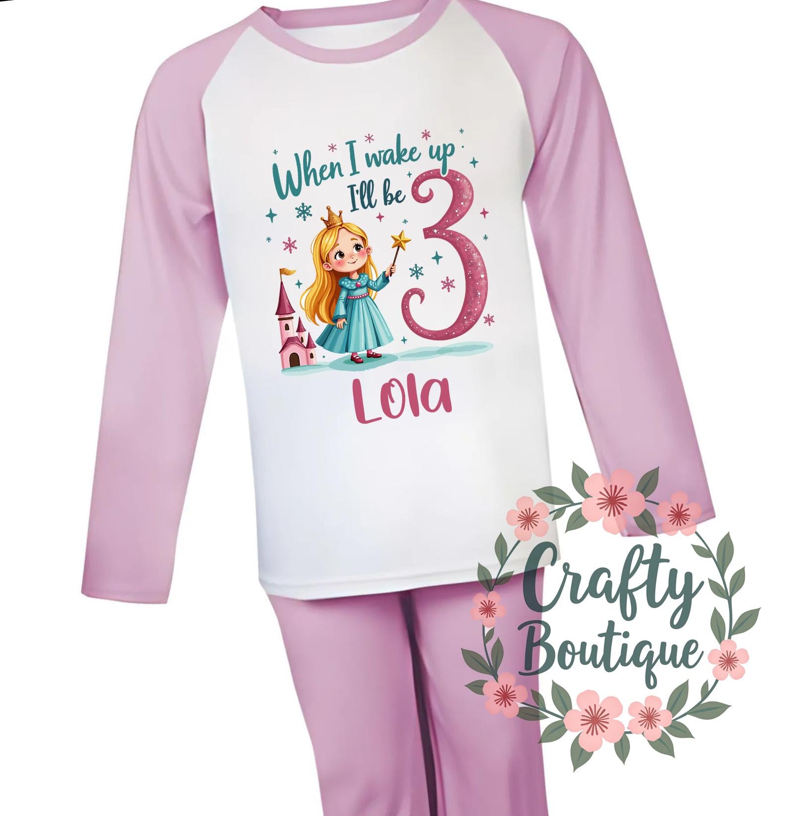 3rd Birthday Fairy Pajamas, When I Wake Up I Will Be Three PJs, Third Birthday Gift, Personalised Name Nightwear Girl Pink Party PJs    1378