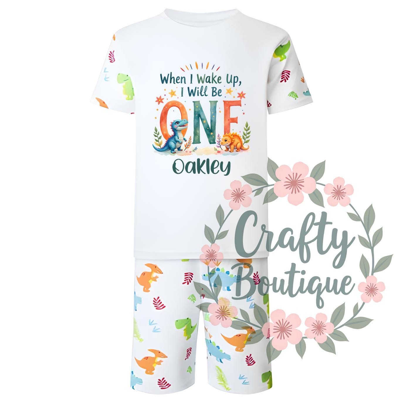 1st Birthday PJs, When I Wake Up I Will Be One, Dinosaur Pajamas, First Birthday Gift, Short Personalised Name Nightwear Dino Theme   1455