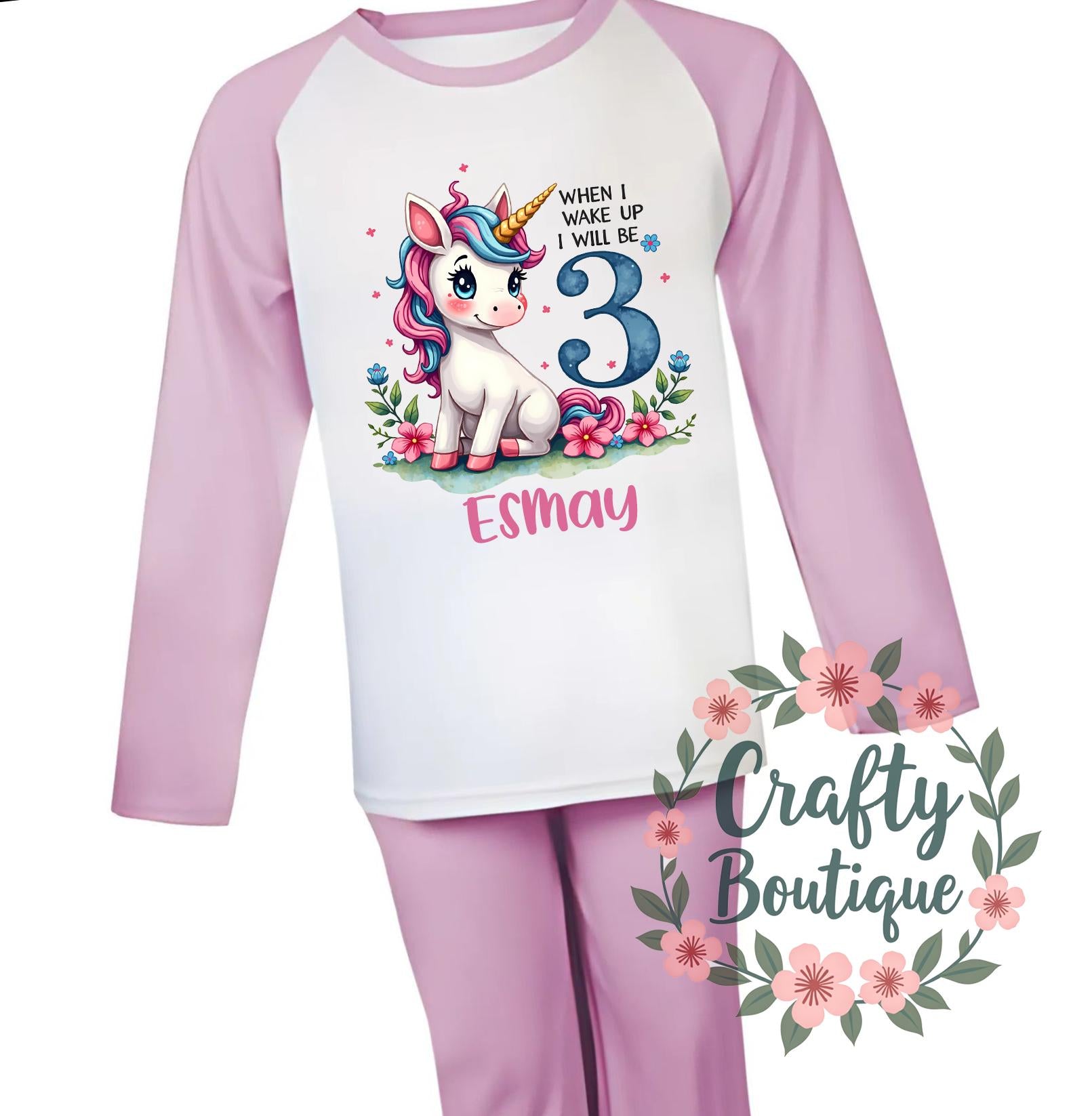 3 Year Old Girls Birthday PJs, 3rd Birthday Tshirt, When I Wake Up I Will Be 3, Unicorn Theme Pajamas, I am Three Shirt Gift   1389
