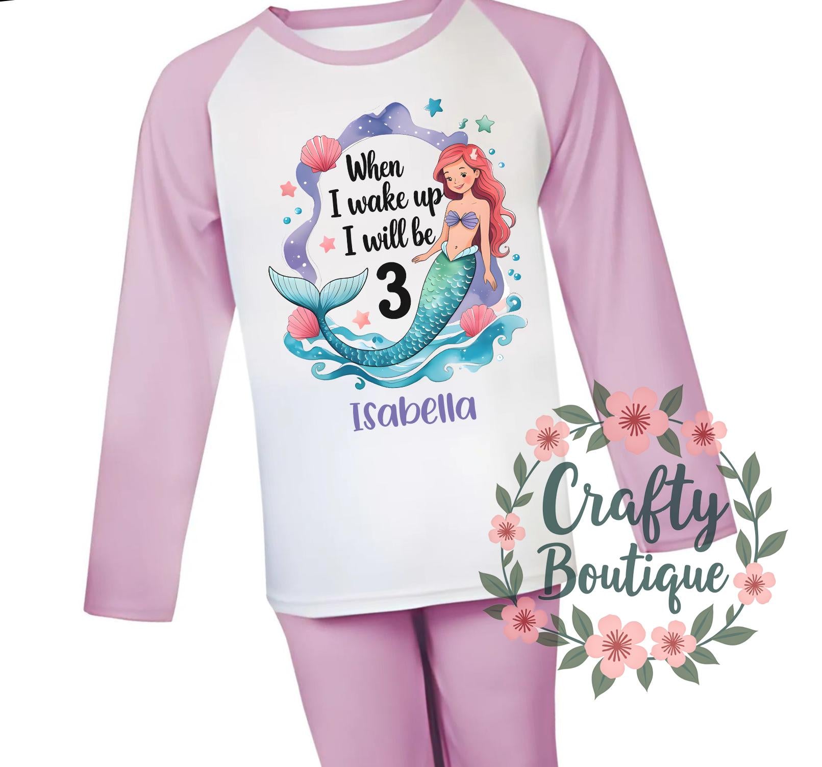 3rd Birthday Mermaid PJs, When I Wake Up I Will Be 3, Mermaid Theme Pajamas, I am Three Shirt Gift, Girl Pink Milestone Pyjamas Age 3   1437