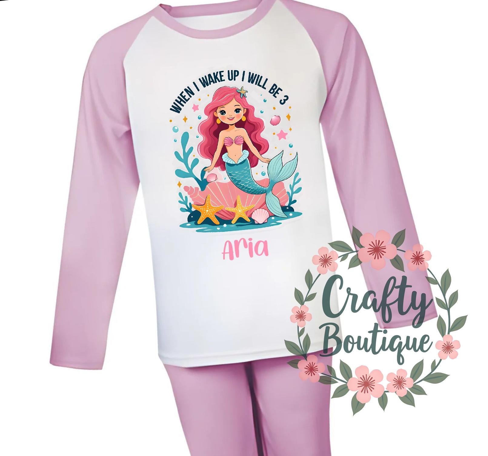 3rd Birthday Mermaid PJs, When I Wake Up I Will Be 3, Mermaid Theme Pajamas, I am Three Shirt Gift, Girl Pink Milestone Pyjamas Age 3   1439