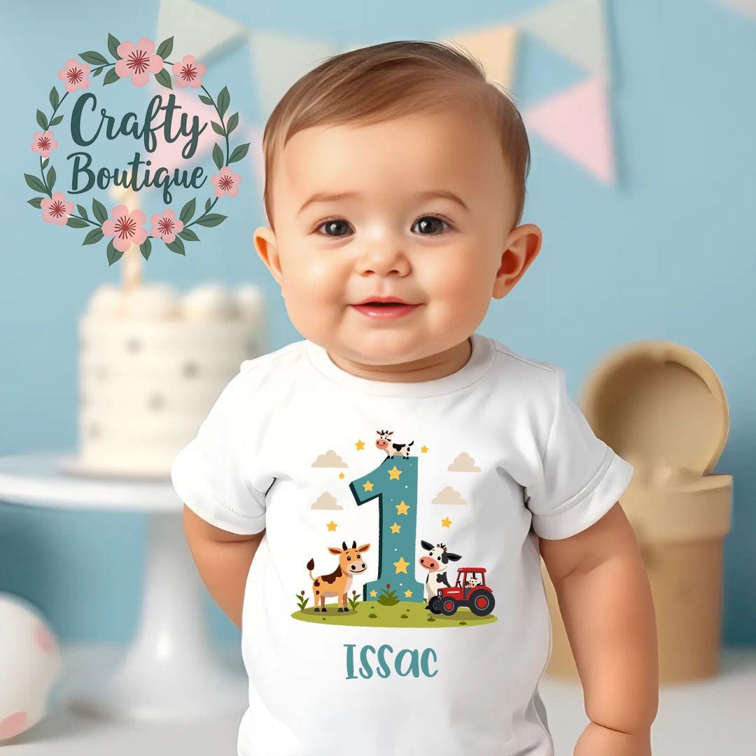 1st Birthday T Shirt, Farm Cake Smash Vest, First Birthday Pajama, Tractor Theme Tshirt, 1st Birthday Animal PJs, Boys I Am One Shirt   1092