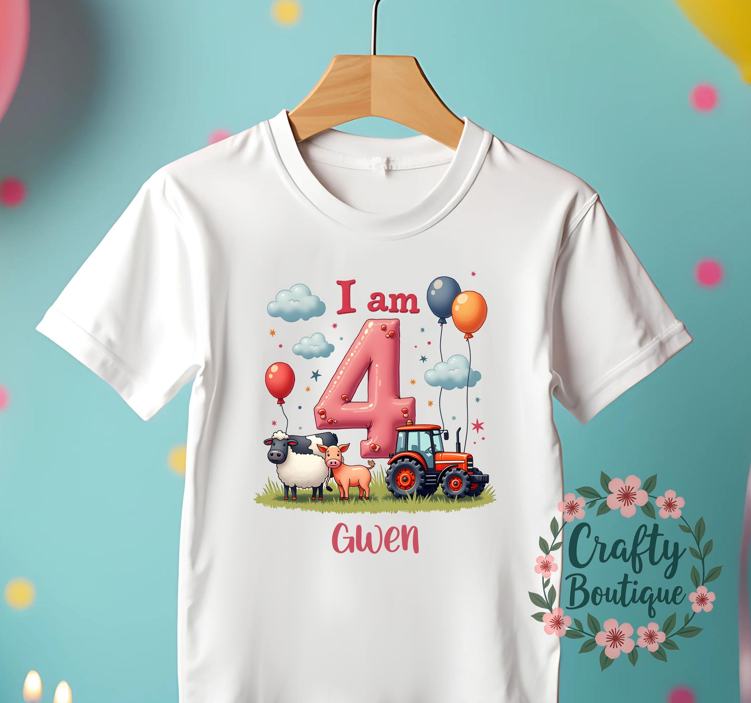 4th Birthday Tshirt, Farm Animals Top, Tractor Birthday Gift, Personalised Farm Animal Outfit, I am 4 Tee, Girls Birthday Top    1448