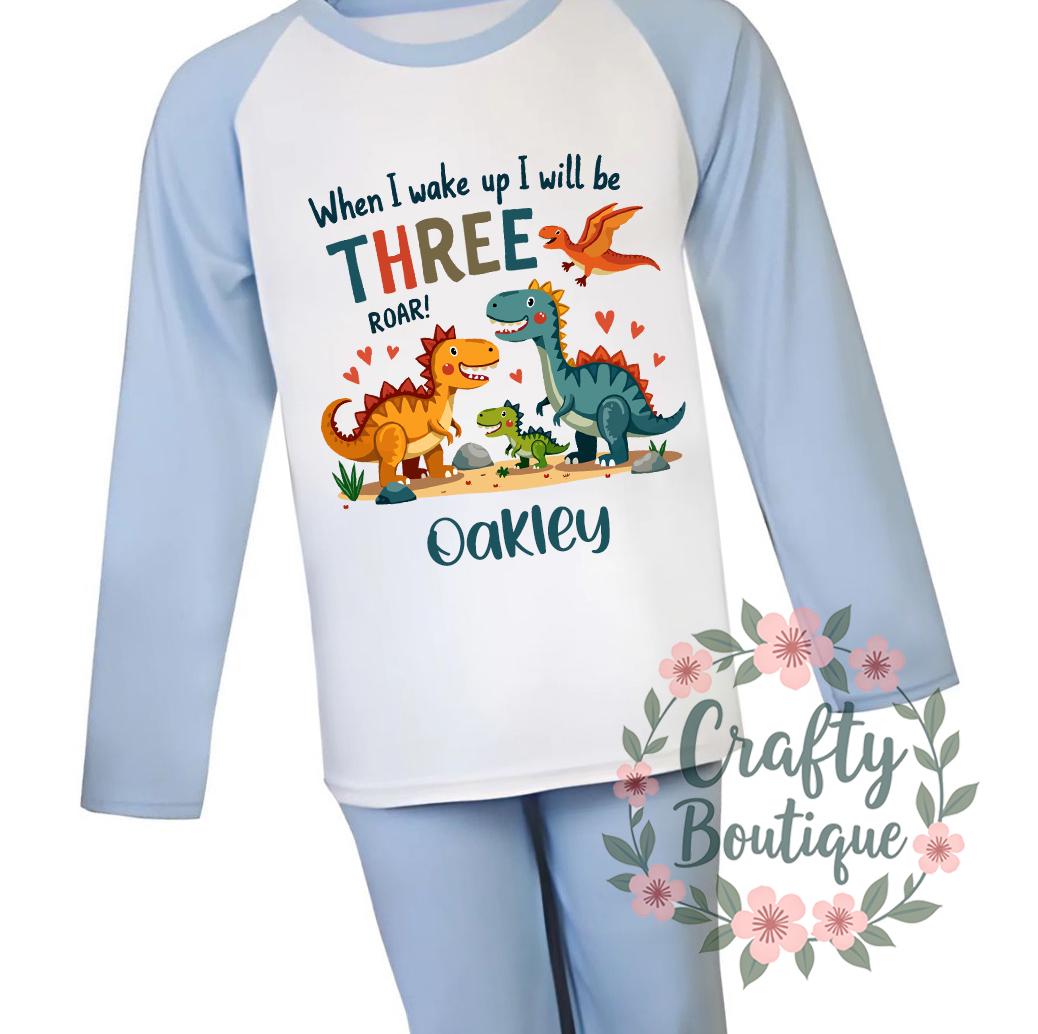 3rd Birthday PJs, When I Wake Up I Will Be Three, Dinosaur Pajamas, Third Birthday Gift, Personalised Name Nightwear Dino Theme Roar   1053