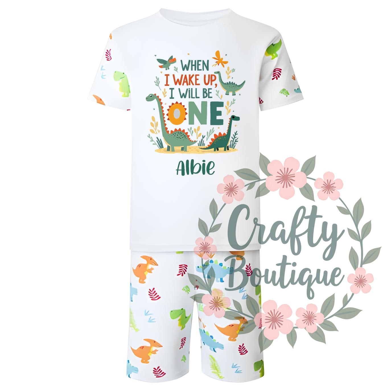 1st Birthday PJs, When I Wake Up I Will Be One, Dinosaur Pajamas, First Birthday Gift, Short Personalised Name Nightwear Dino Theme   1456