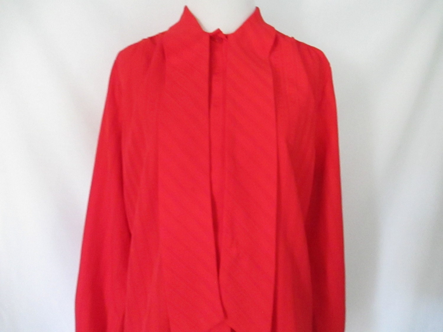 1970&#39;s Red Blouse Vintage Silky Ascot Neckline Scarlet Bombshell Glam Secretary Blouse