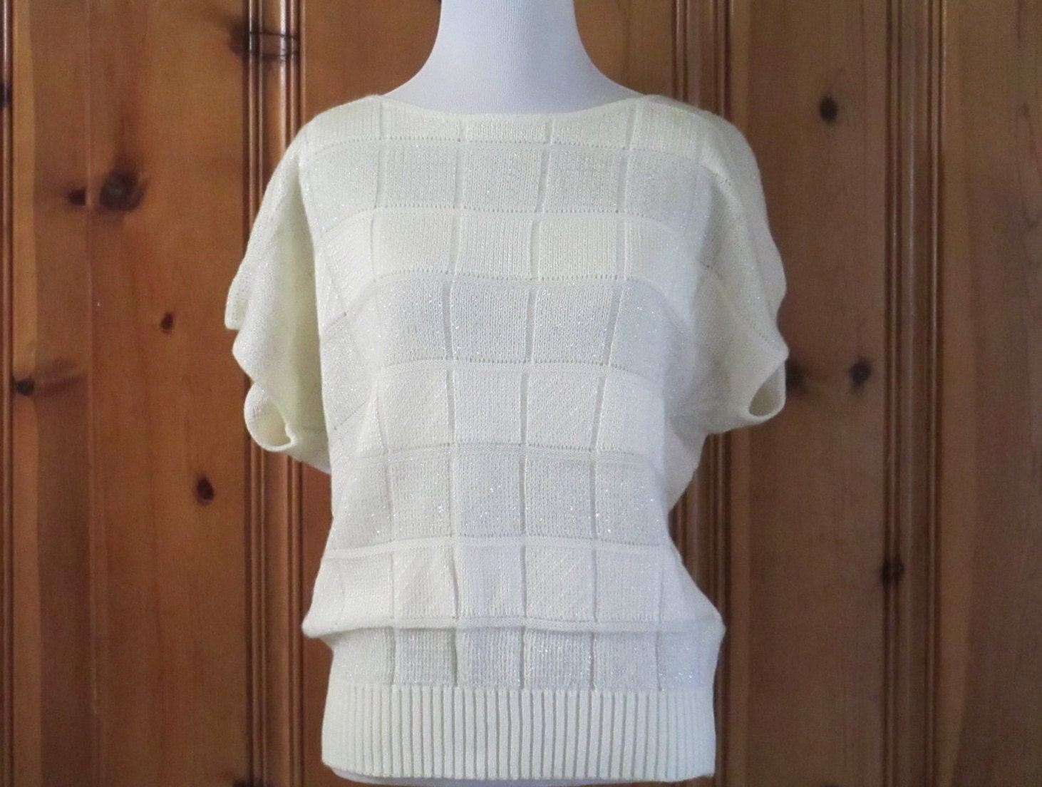 1970&#39;s Metallic Striped Sweater Vintage Ivory & Silver Striped Sweater Short Sleeve Sweater 1970&#39;s Clothing Spring Sweater