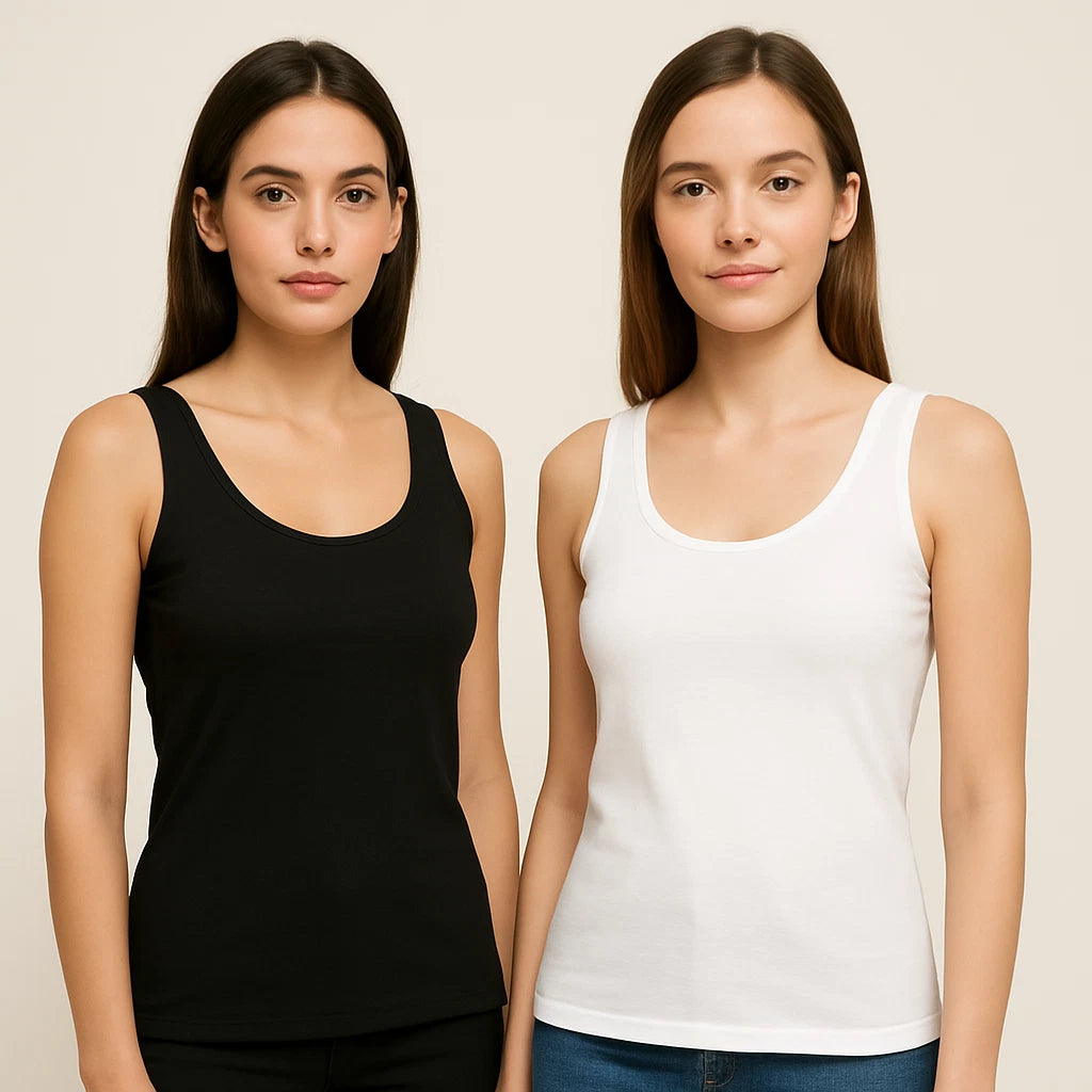 2 Pack Womens Scoop Neck Sleeveless Ladies Long Stretch Plain Vest T shirt Top