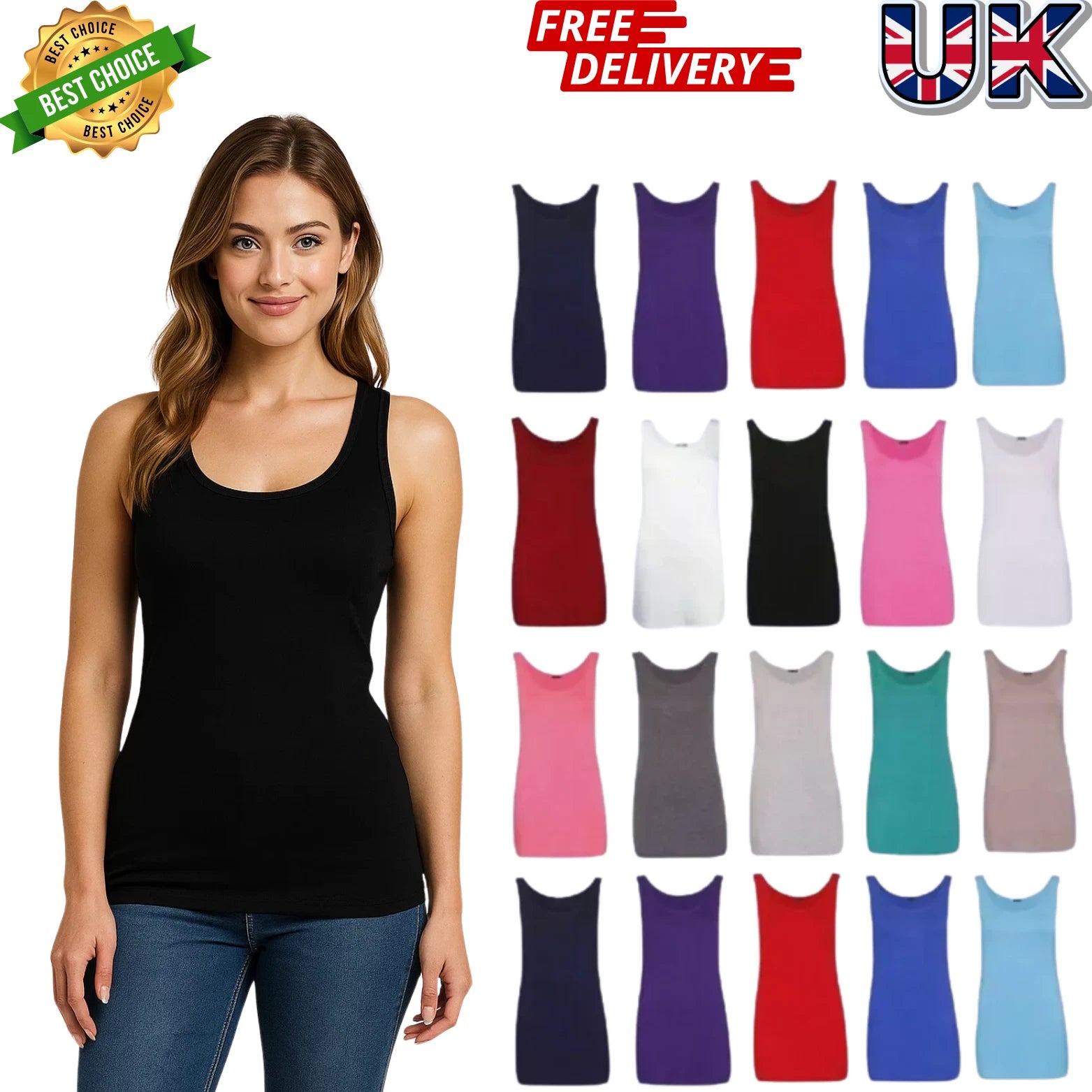 2 Pack Ladies Vest Womens Cotton Stretchy Ribbed T Shirt Cami Casual Tank Tops