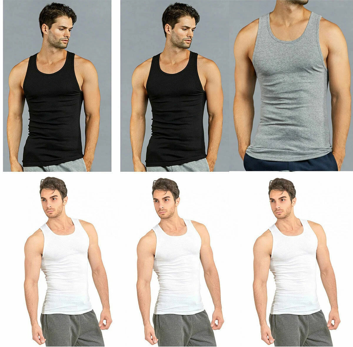 3, 6 Pack Mens 100% Cotton Ribbed A-shirts Undershirts Wife Beater New Tank Tops